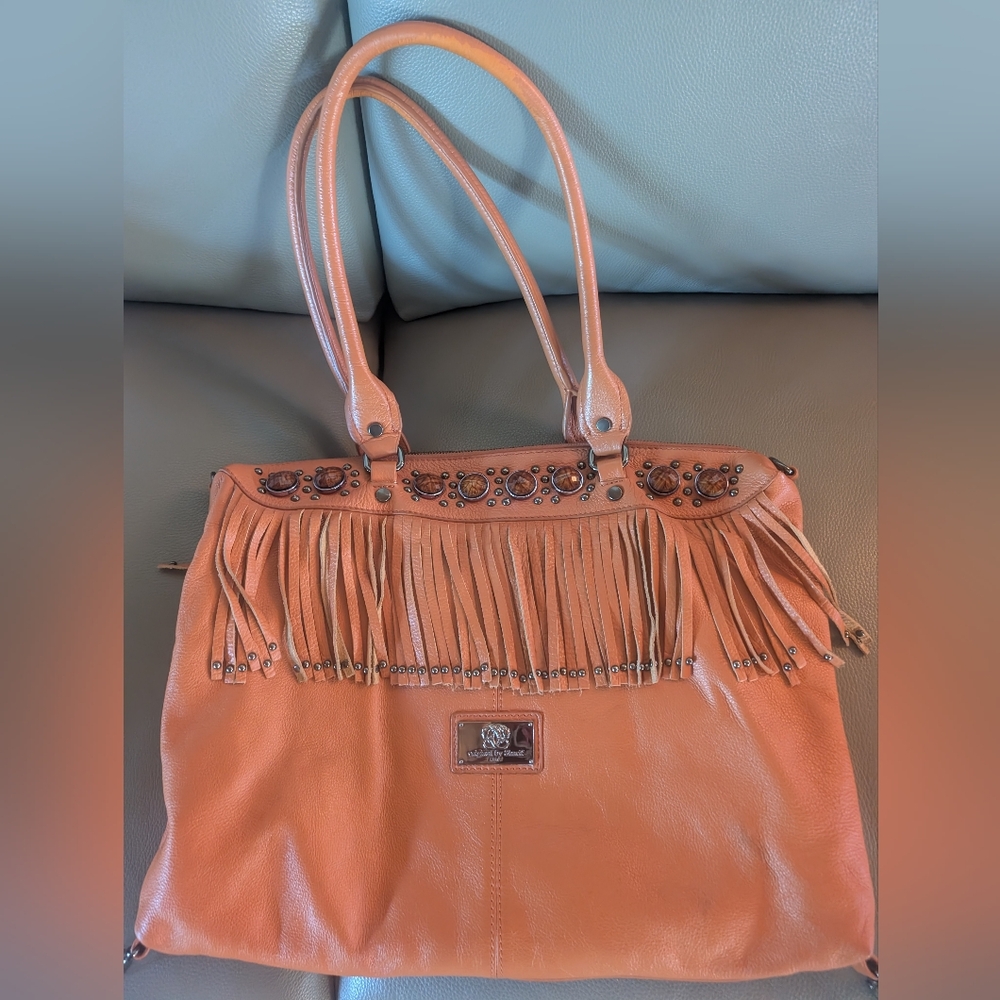 Sharif 1827 Burnt Orange Leather Bag/Purse With Leather Fringes And Studs.